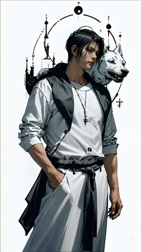 (majestic, stunning, exquisite:1.3), Toji Fushiguro, sideways, short sword, one hand in pocket, white dog, oil painting effect, detailed facial features, intense expression, confident posture, vivid colors, dramatic lighting