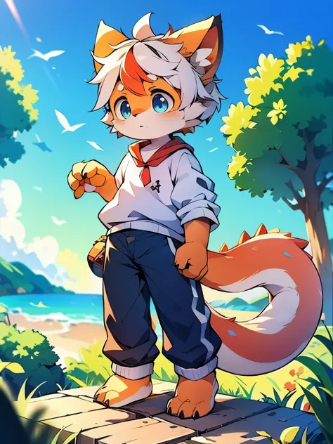 Light orange fur，white hair，Orange dragon tail，There is white fluff at the end of the tail，white sweatshirt，hairy，God of Art Super Top Quality, super detailed, High resolution, Anime cute art style, The best anime, 8K, Kona sauce wallpaper, Pixiv Contest W...