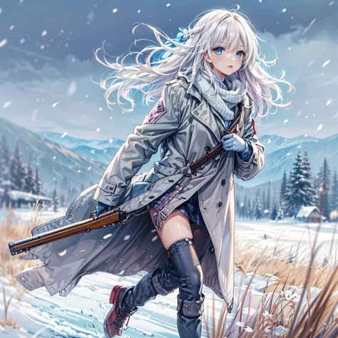 (masterpiece, best quality), 1 girl, teen, slim body, long white hair, blue eyes, wearing a grey long coat, having a rifle, running on the field in winter