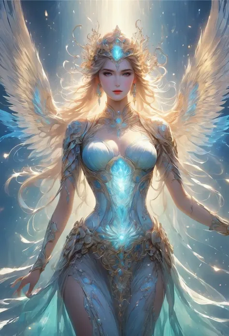 Photographic image of a beautiful woman standing，Her whole body exudes a pearly glow，Very fine and detailed illustration depicting the silhouette of her shining beautiful female angel，Radiating divine light through astral and galactic landscapes,With beaut...