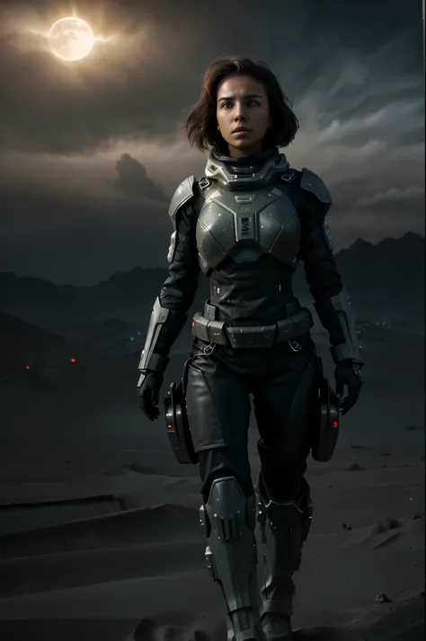 (best quality,4k,8k,highres,masterpiece:1.2),ultra-detailed,(realistic,photorealistic,photo-realistic:1.37),futuristic, dark desert, (military suit), war scene, future, girl walking, intense atmosphere, otherworldly landscape, high-tech armor, glowing viso...