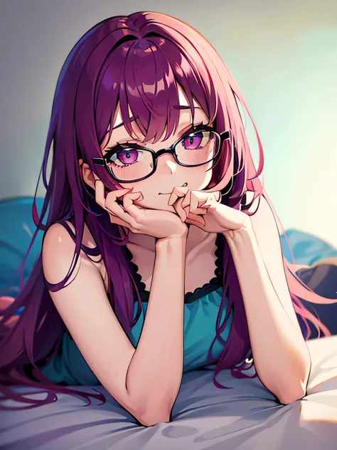 High quality girl laying in bed with long muted magenta hair with bangs and glasses with teal eyes one sucking on two fingers