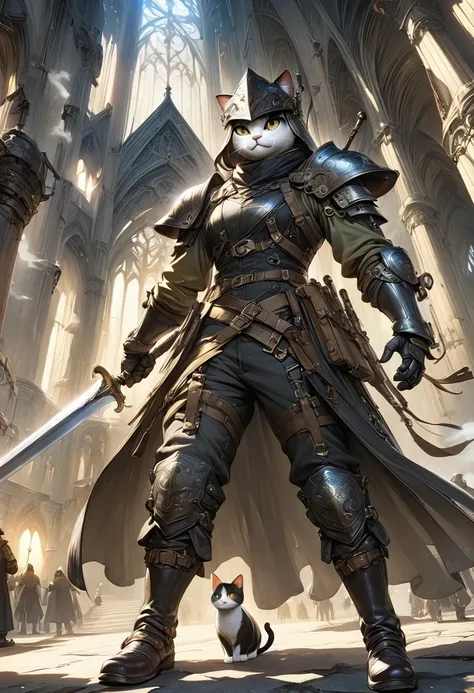 (Extremely detailed and realistic CG, masterpiece, best quality, Super detailed),(Anthropomorphic Cat:1.5)，A cat knight in armor，Holding the holy sword，wearing a helmet，slim，holy sword，middle Ages，Creative character design, Whimsical cartoon style, 32k Ult...