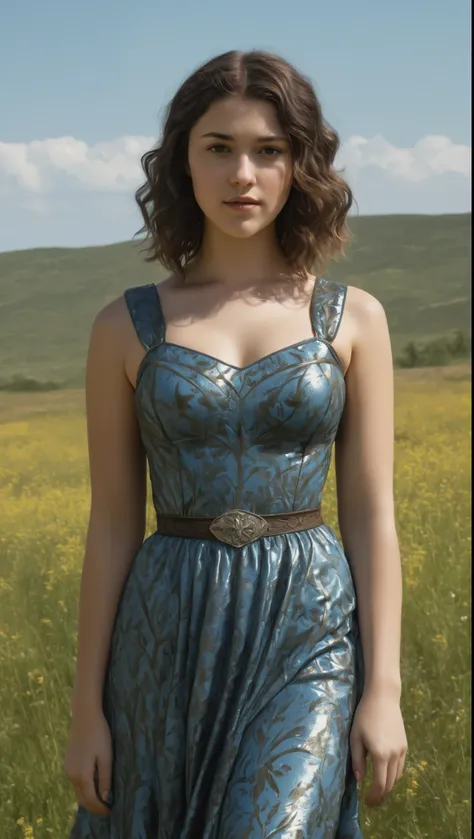 An illustrated movie poster, hand-drawn, full color, a Westerosi teen girl, wearing an ornate dress, resembles Mary Elizabeth Winstead, sun-tanned complexion, tall, athletic, Amazonian body, curvy, toned midriff, bottom-heavy, generous hips, massive bubble...