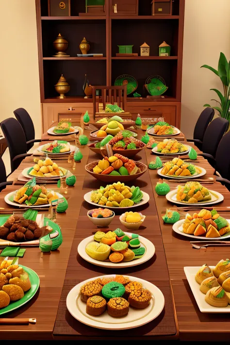 A colorful image of a table filled with various Hari Raya delicacies such as ketupat, cookies, cakes, and traditional snacks. Hari Raya Vibe at office