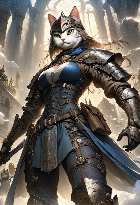 (Extremely detailed and realistic CG, masterpiece, best quality, Super detailed),(Anthropomorphic Cat:1.5)，A cat knight in armor，Holding the holy sword，wearing a helmet，slim，holy sword，middle Ages，Creative character design, Whimsical cartoon style, 32k Ult...