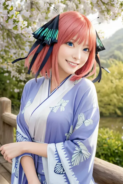  masterpiece, highest quality, very detailed, 1 girl, alone, cowboy shot, nakano nino, pink hair, butterfly hair ornament, kimono, purple kimono, medium breasts, smile, east asian architecture,RAW shooting:1.2)、(realistic:1.4)、(masterpiece:1.3)、(highest qu...