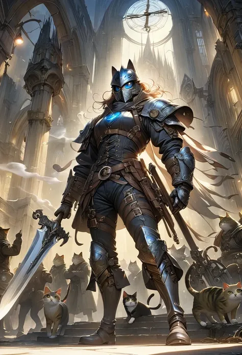 (Extremely detailed and realistic CG, masterpiece, best quality, Super detailed),(Anthropomorphic Cat:1.5)，A cat knight in armor，Holding the holy sword，wearing a helmet，slim，holy sword，middle Ages，Creative character design, Whimsical cartoon style, 32k Ult...