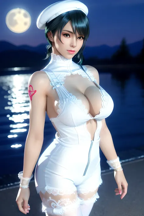 1 girl,standing posture,bare shoulders, pantyhose, bodysuit,( see-through:1.2),(((white bodystocking))), nighttime,moon,( huge breasts:1.1),cleavage,shiny skin,lip gloss,( tattoos:1.2), masterpiece, best quality, realistic ,Rich artistic colors, 8K,3D,Port...