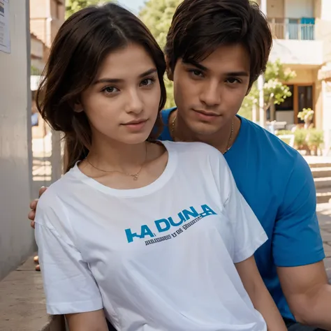 Un chico con una B en su camisa y la chica con una V en su blusa