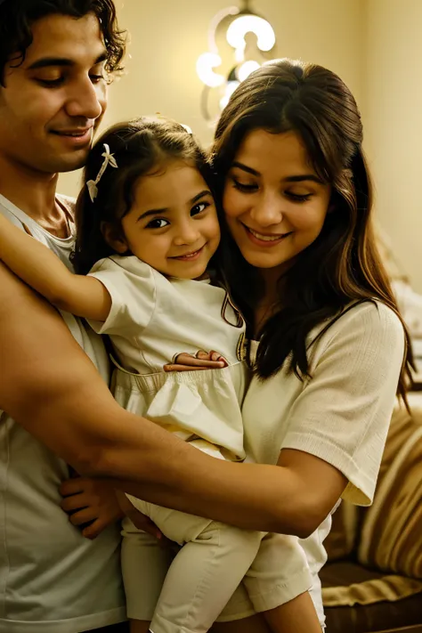 Crie uma cena comovente de uma  com um sorriso carinhoso, His arms wrapped around a little daughter, enquanto eles compartilham um momento de ternura. Next, a father with pride in his eyes takes care of his three children, que se acotovelam de brincadeira....