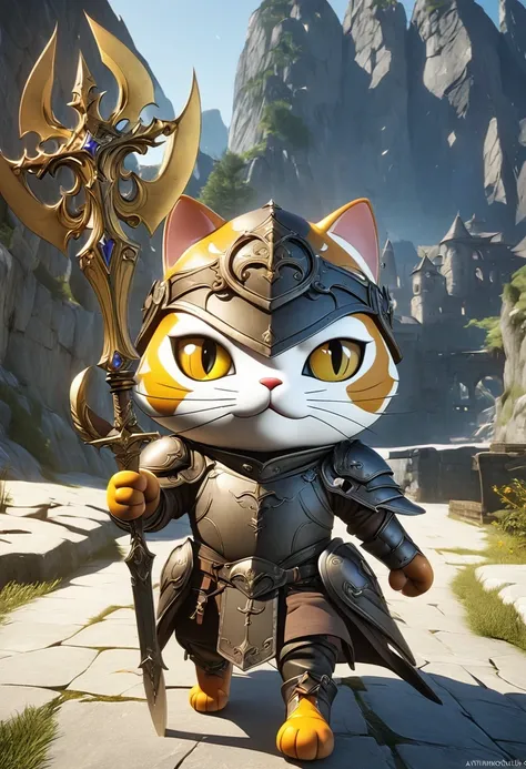 A fantasy of a Kavachi-style seaside village, Rendering in cinema4d, (Anthropomorphic Cat:1.5)，A cat knight in armor，Holding the holy sword，wearing a helmet，slim，holy sword，middle Ages，Creative character design, Whimsical cartoon style, 32k Ultra HD