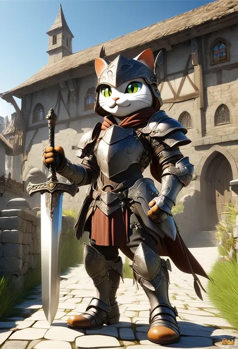 A fantasy of a Kavachi-style seaside village, Rendering in cinema4d, (Anthropomorphic Cat:1.5)，A cat knight in armor，Holding the holy sword，wearing a helmet，slim，holy sword，middle Ages，Creative character design, Whimsical cartoon style, 32k Ultra HD