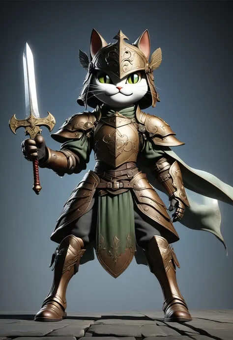 A fantasy of a Kavachi-style seaside village, Rendering in cinema4d, (Anthropomorphic Cat:1.5)，A cat knight in armor，Holding the holy sword，wearing a helmet，slim，holy sword，middle Ages，Creative character design, Whimsical cartoon style, 32k Ultra HD