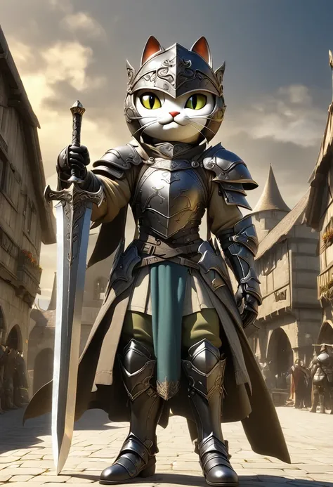 A fantasy of a Kavachi-style seaside village, Rendering in cinema4d, (Anthropomorphic Cat:1.5)，A cat knight in armor，Holding the holy sword，wearing a helmet，slim，holy sword，middle Ages，Creative character design, Whimsical cartoon style, 32k Ultra HD