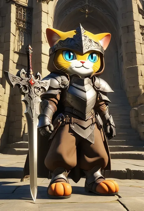 A fantasy of a Kavachi-style seaside village, Rendering in cinema4d, (Anthropomorphic Cat:1.5)，A cat knight in armor，Holding the holy sword，wearing a helmet，slim，holy sword，middle Ages，Creative character design, Whimsical cartoon style, 32k Ultra HD--ar 2:...