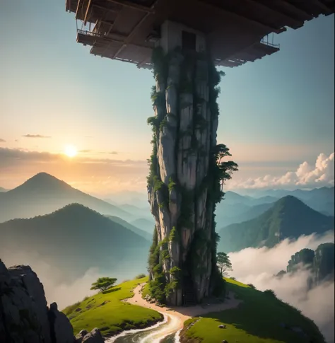 The main subject of the painting is the Zhangjiajie Mountains，Strange peaks tower，shrouded in mist，The characteristic is the unique stone pillar peak forest，The artistic style combines traditional Chinese landscape painting with modern realistic techniques...