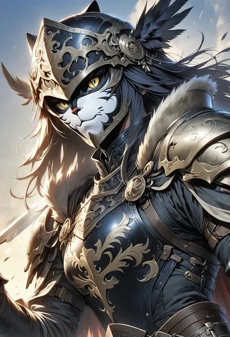 (anthropomorphic cat:1.5)，a cat knight in armor，holding a weapon，wearing a helmet，slim，holy sword，middle ages