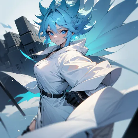 1female , Blue Eyes , Pale Blue Hair , Spiky Hair , Wild Hair , White Robes , Combat Clothing , Happy Expression, Muscular Build , Modern City Background 