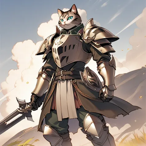 Anthropomorphic Cat，A cat knight in armor，holding a weapon，wearing a helmet
