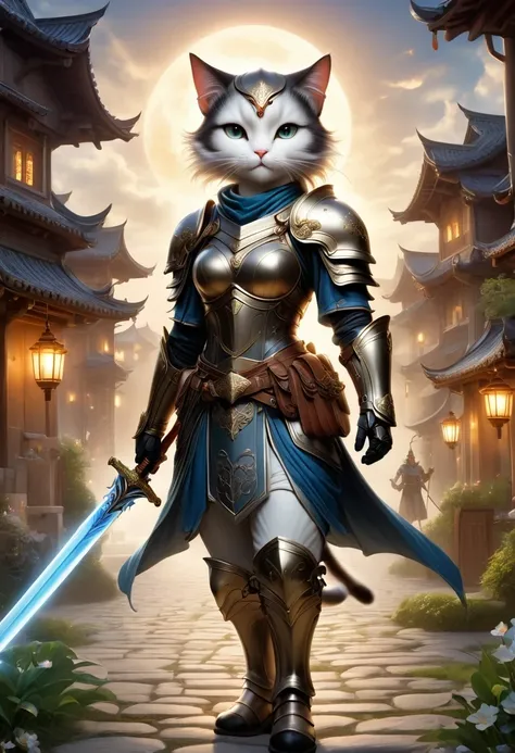 A fantasy of a Kavachi-style seaside village, Rendering in cinema4d, (Anthropomorphic Cat:1.5)，A cat knight in armor，Holding the holy sword，wearing a helmet，slim，holy sword，middle Ages，Creative character design, Whimsical cartoon style, 32k Ultra HD，2. 5D ...