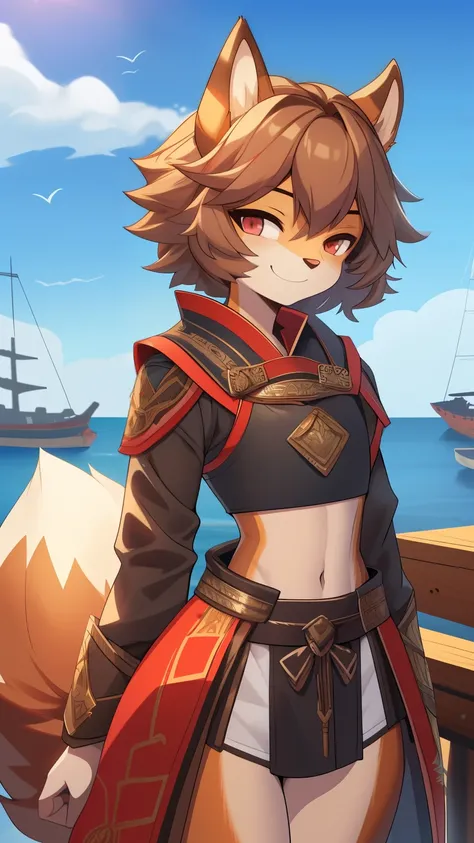 Best quality, Super detailed illustration, (fluffy squirrel boy:1.4) , feminine face and body, disheveled thick hair, Samurai Equipment,  smug smile, half-closed eyes , against the background of the harbor ,femboy ,small waist, wide hips, slim, perfect bod...