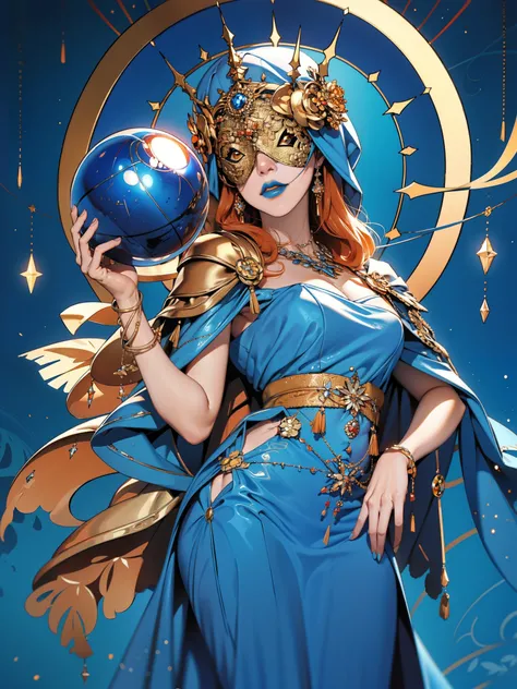 realistic:1.4, hood up:1.2, orange hair, covered eyes:1.2, long hair, hair over shoulder, robe, blind mask:1.2, danceroutfit, light blue clothes, crystal ball, sphere, cape, blue lipstick, cleavage, 1girl, solo, (masterpiece:1.6, best quality),
