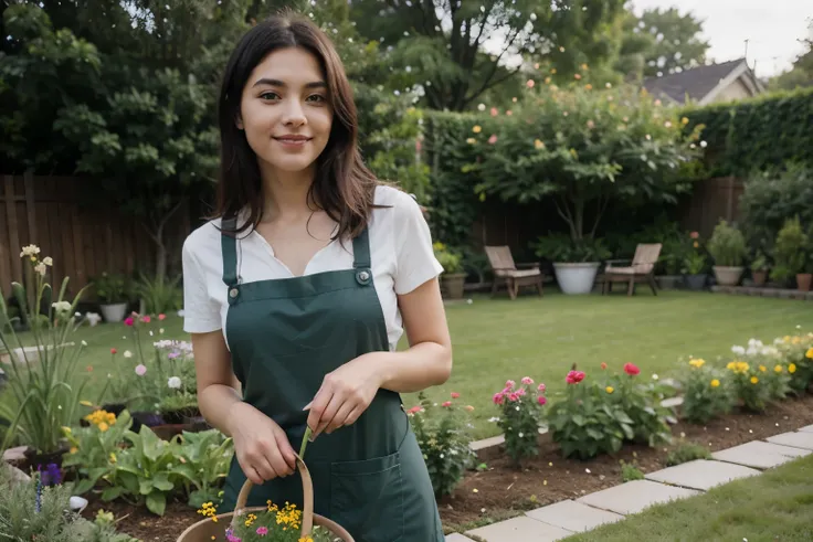 Super realistic, a woman is gardening in a beautiful garden with all kinds of flowers with gentle smile, black hair, perfect face, wearing gardening apron, masterpiece, 