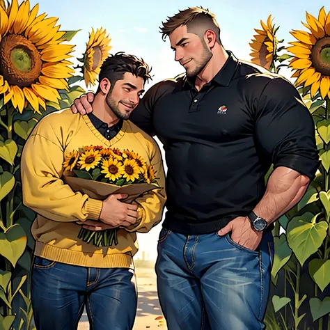 Best Quality, High Resolution, Chubby fit guy in black polo and jeans, giving sunflowers to a cute guy wearing a cozy sweater. The chubby fit guys physique showcases a perfect balance between strength and softness, with his snug black polo emphasizing his ...