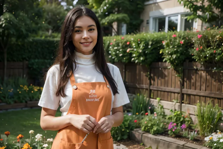 Super realistic, a woman is gardening in a beautiful garden with all kinds of flowers with gentle smile, black hair, perfect face, wearing orange color gardening apron, turtleneck T-shirt, masterpiece, 