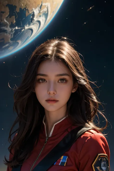 A beautiful woman. Dark brown hair. 23 years old. She is looking at the camera with a defiant expression. She is wearing a red SS uniform. An image of a glowing blue planet behind her.