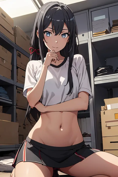 score_8_up, score_7_up, source_anime,1 girl, solo, hair_ponytail ribbon,Black hair, eyes blue, long hair, smile , Yukinoshita Yukino 
BREAK (bare tummy, bare thighs, thick thighs, miniskirt very short, showing panty, kneeling:1.2)
BREAK gym storeroom,
BREA...