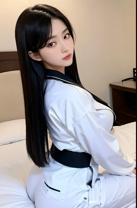 masterpiece, ultra details, best quality, 1 korean taekwondo girl, masterpiece, ultra details, best quality, black long straight hair, wearing white World Taekwondo Federation dobok with black v-neck, wearing taekwondo blackbelt, wearing white martial arts...