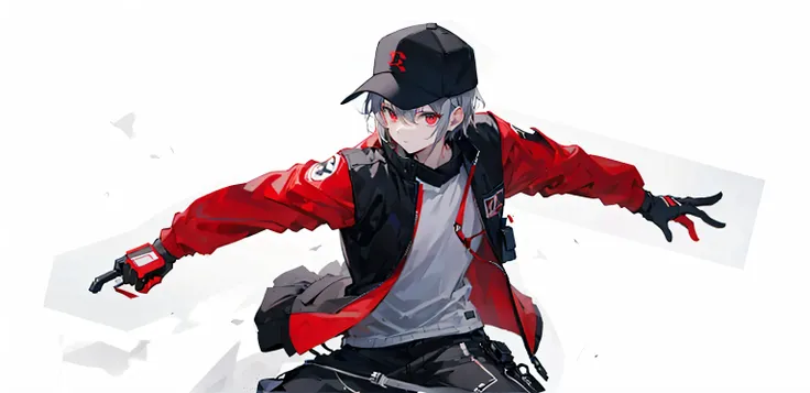 young man, black hair, black/red jacket, Grey Cargo Pants, white sports sneakers, full body, Are standing, 4k, realistic, white background, combat position, modern clothes, anime style, baseball cap,