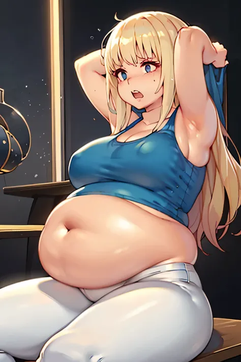 1 girl, blond long hair, sitting, arms tied upwards, shocked face, big belly, a blue sleeveless top, white leggins, no bacground