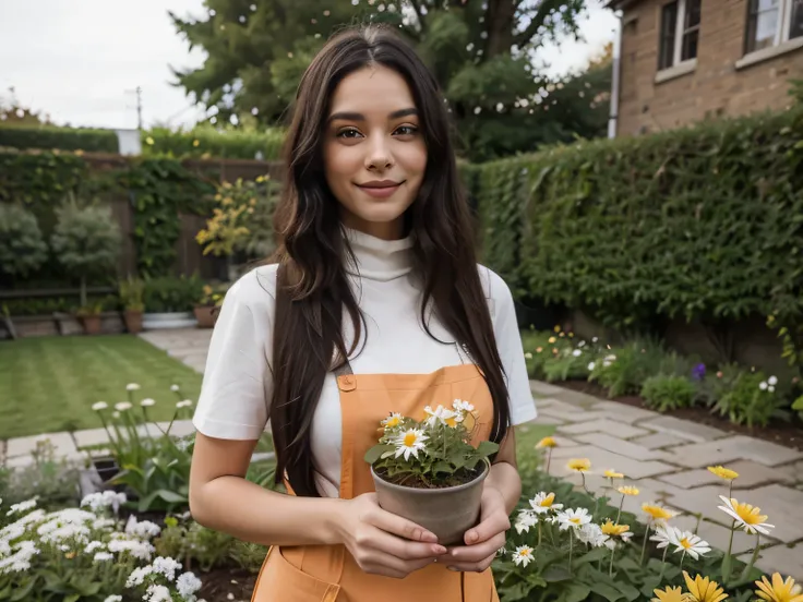 Super realistic, a woman in a beautiful garden with variety of flower, black long hair, gentle smile, perfect face, wearing orange colour gardening apron and turtleneck t-shirt, holding a pot of beautiful daisy, masterpiece, 