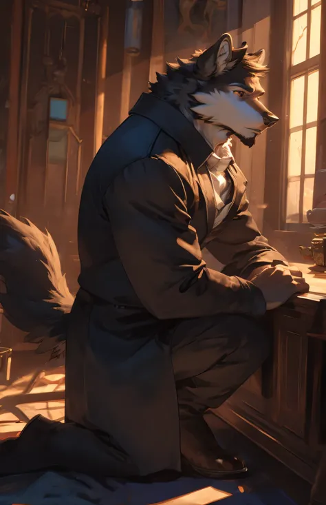 (best quality,high resolution,masterpiece:1.2,perfect shading),furry,wolf,male,detailed,realistic white eyes,high dynamic range,wounded face,white underwear,in a bedroom,shirtless,smiling,kneeling with hands behind the back