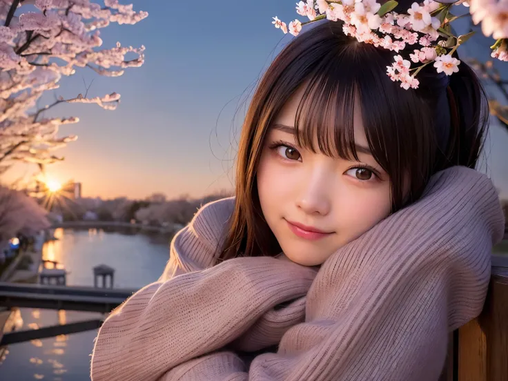 Highest image quality、realistic pictures、full shot、I can see the whole thing。night、Beautiful woman、clear、Pitiful、Mature twenty year old、night桜、love、smiling、Rows of cherry blossom trees along the river、Memories、calm atmosphere、楽しいnightの散歩。