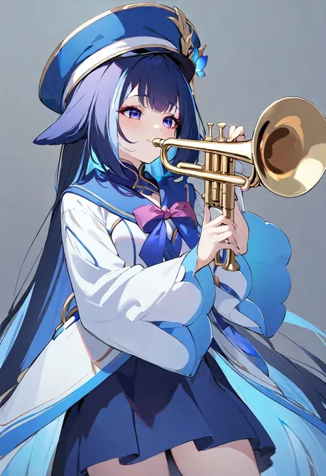 ((shylily)),​masterpiece、top-quality、1girl in、Merlin Prism River、Hats、blue hairs、blue eyess、shorth hair、long-sleeve、skirt by the、a smile、trumpet、greybackground、Blowing the trumpet、🎺、[[Tangled fingers]], [[[[multiple limbs]]]]