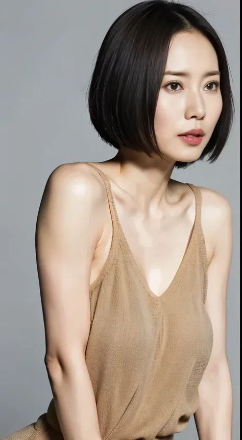 Japanese, short stature woman,  physique, Short arms, long slit eyes, fleeting atmosphere, 45 year old female, Brown Bob Hair, ((thin lips)), naked, pieces fly, highest quality, fine skin, fine eyes, ,8K, excellent anatomy, upper body portrait