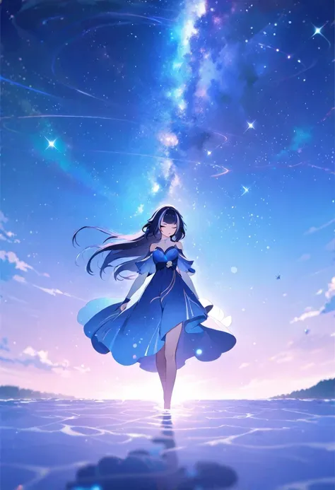 ((shylily)),Anime girl walking in water in blue gradient dress，There is a star in the sky, anime girl with cosmic hair, Beautiful anime girl, Beautiful anime artwork, ethereal anime, style of anime4 K, Anime art wallpaper 8 K, Makoto Shinkai Cyril Rolando,...