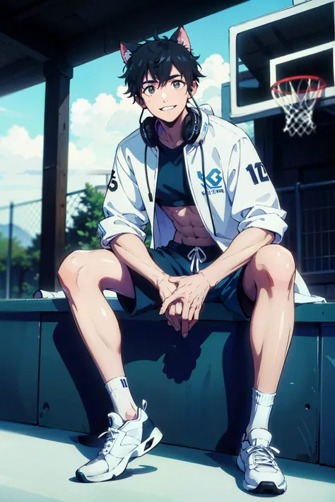 muscle，chest muscles，abdominal muscles，Wearing blue and white headphones，Light blue sports shorts，White basketball shoes，white socks，light coat，Sit and rest，Playground background，short black hair，One meter eight，male，robust，cat ear headphones，Smile，Put one...