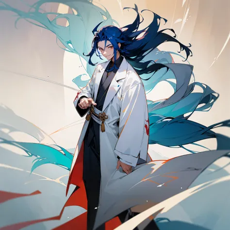 1male , Black Yukata , White Overcoat , White Haori , Combat Clothing , Devilish Smile , Long Wild Hair , Dark Blue Hair , Standing on path , Traditional Chinese City Background