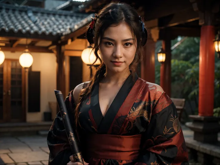 8k Uhd, Dslr,Film Grain, Fujifilm XT3,(Best Quality:1.3), (Masterpiece:1.1), High Resolution, Cinematic Light, Intricate Details, (Photorealistic) (night scene) a realistic backlight dramatic red tone light photography full body of a beautiful japanese gei...