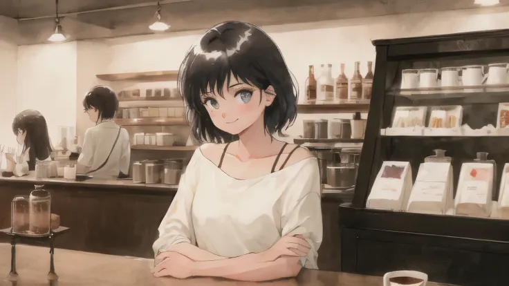 retro artstyle, watercolor, beautiful, masterpiece, best quality, detailed face, perfect lighting,
 1girl, solo,cute ,Mature ,beautiful woman , smile,(closed mouth:1.1) , short black hair, messy bangs, at the coffee shop,