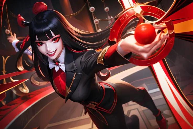 clown,white shirt,(red black magic:1.2), league of legends สแปลชอาร์ต, woman,bangs,black pants,red eyes,long black hair with ban...