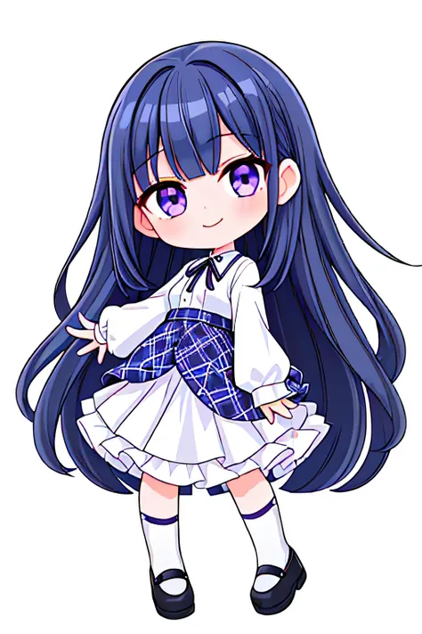 best quality, ultra-detailed, 
1girl, solo, long hair, dark blue hair, violet eyes, bangs, white shirt, long sleeves, plaid skirt, ((white background)), ((full body complete)), ((center position)), smiling face, chibi art, cinematic HD