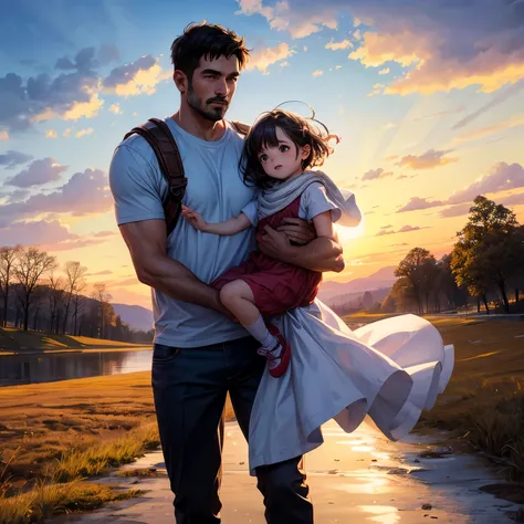 a father carrying his moeslem daughter with warm beuatiful sky