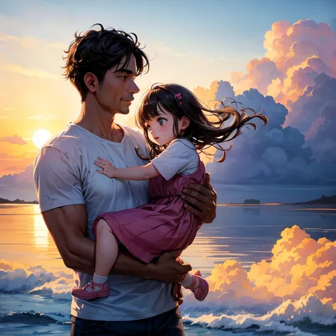 a father carrying his moeslem daughter with warm beuatiful sky