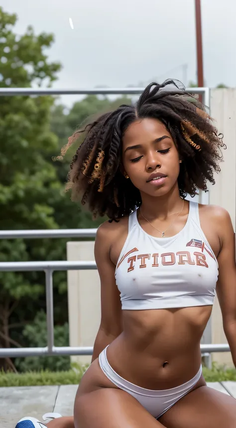 18 yo cheerleader, brown skin, curly hair, innocent, cute, beautiful eyes, kneeling, evening, rain, behind bleachers, closed eyes, open mouth, crop top exposing small naked breasts